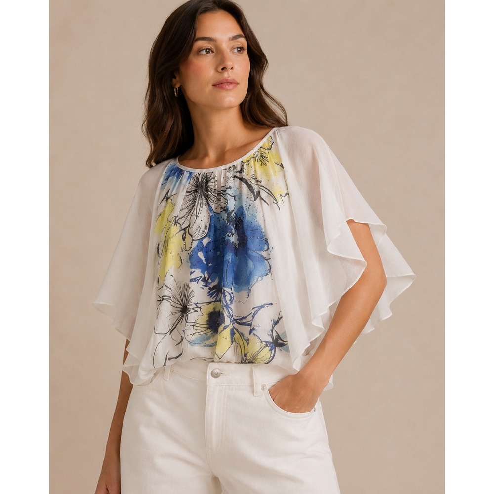 JM Collection Womens XL Floral Sheer Overlay Blouse Blue Yellow Rhinestone‎ Top